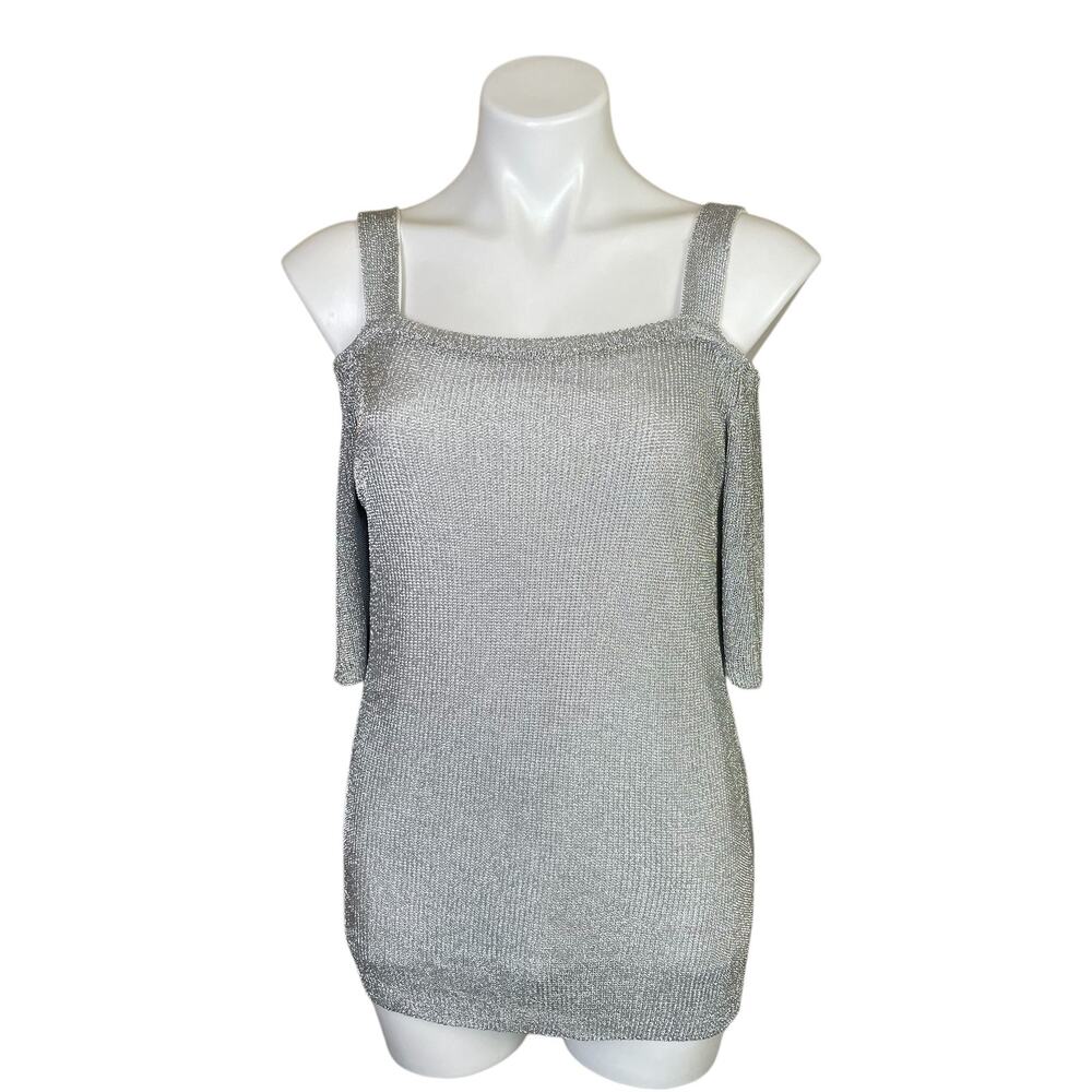 Chico's | Women's Silver Cold Shoulder Short Sleeve Top with Tags | Size: M